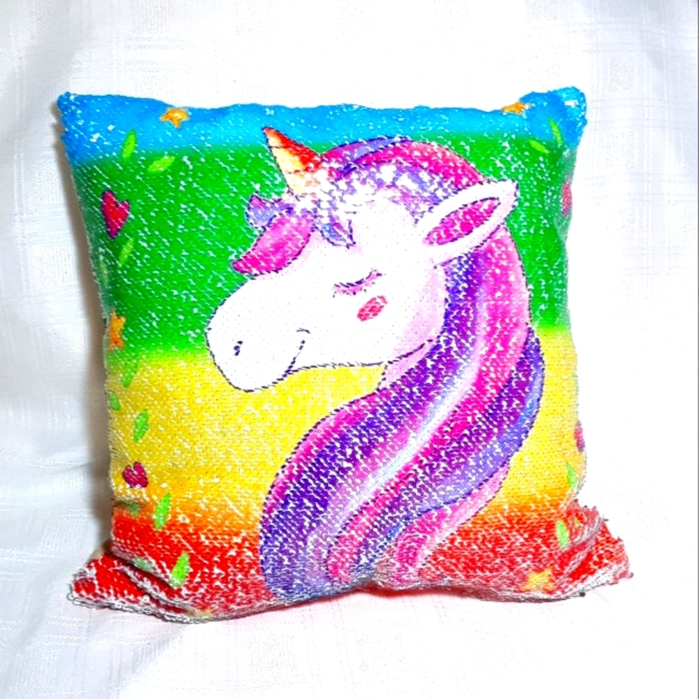 Unicorn Pillow Case Colorful Silver Rainbow Sequins w/ Zipper Kids Home Bedding